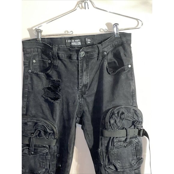Cote De Nuits Mens Jeans 34x33 Black Cargo Large Pockets Military Distressed - Picture 2 of 12